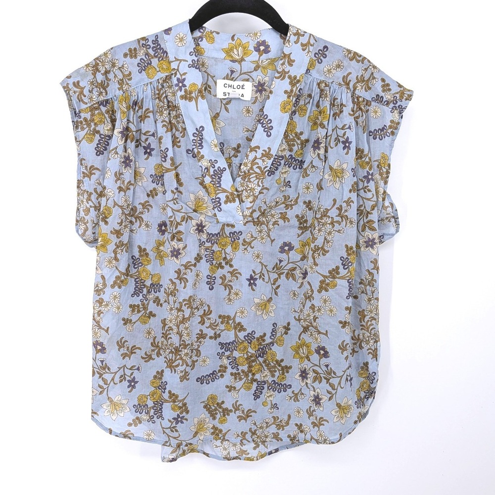Chloe Stora Blouse Women 36 Small Blue Floral V-Neck Pleated Cotton Cap Sleeve